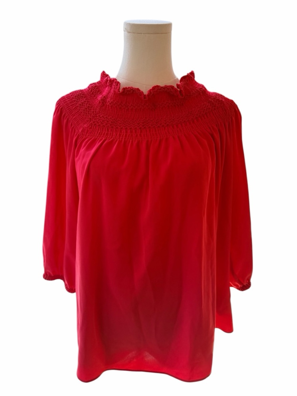 Escada Silk Feel Off Shoulder Smocked Blouse Size 38 Melrose Pink Coral Blouse